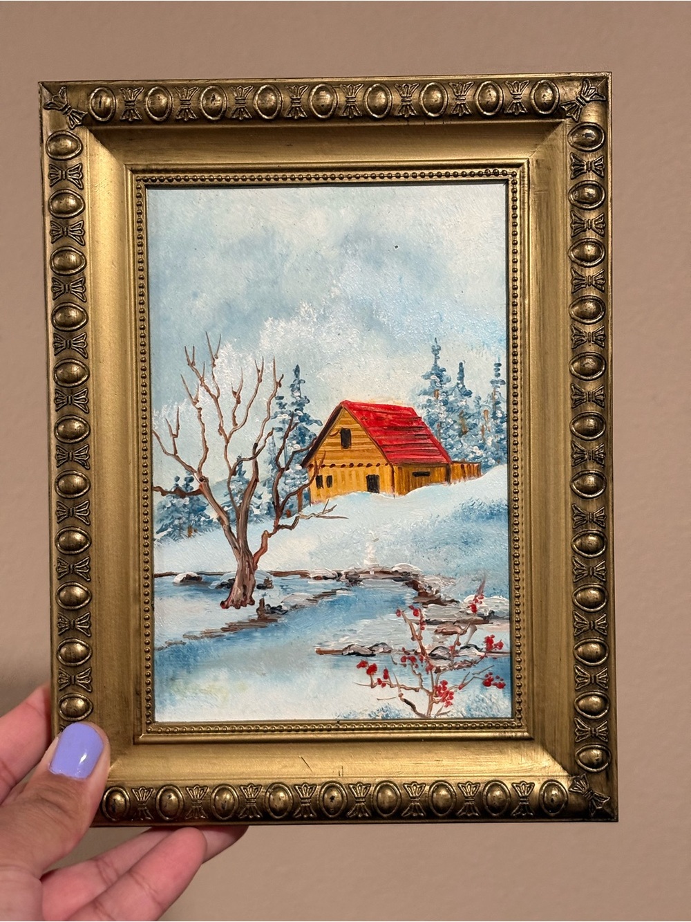 Vintage 6”x8” winter cabin landscape painting